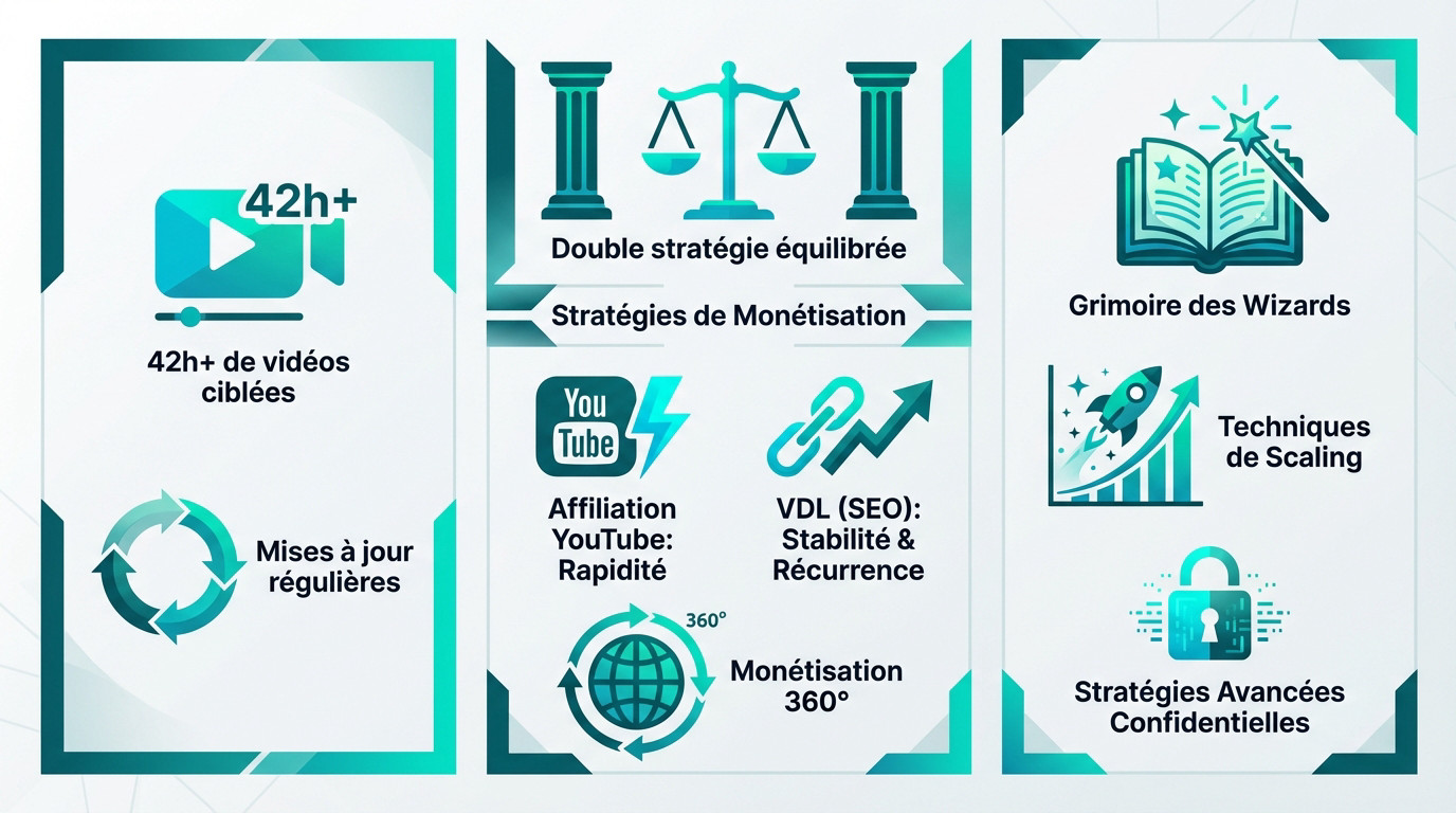 Infographie moderne en 3 panneaux: 42h+ vidéos, mises à jour, stratégies monétisation (YouTube, SEO, 360°), grimoire avancé (scaling, secrets).