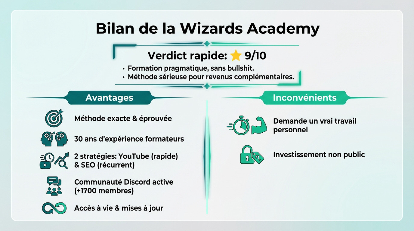 Infographie présentant le bilan de la Wizards Academy, avec un verdict (9/10), ses avantages et ses inconvénients.