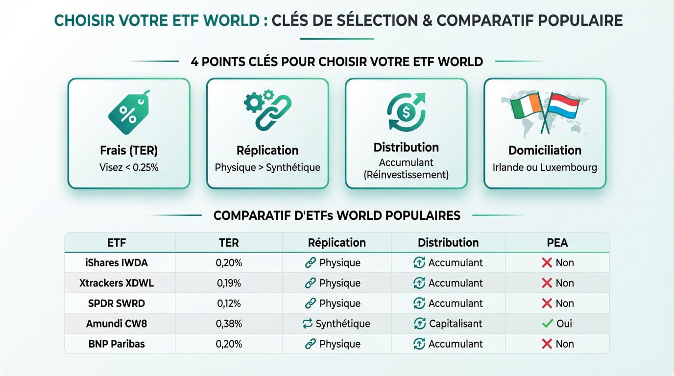 Infographie sur les clés de sélection d'un ETF World et un tableau comparatif d'ETFs populaires, incluant frais, réplication, distribution et éligibilité PEA.