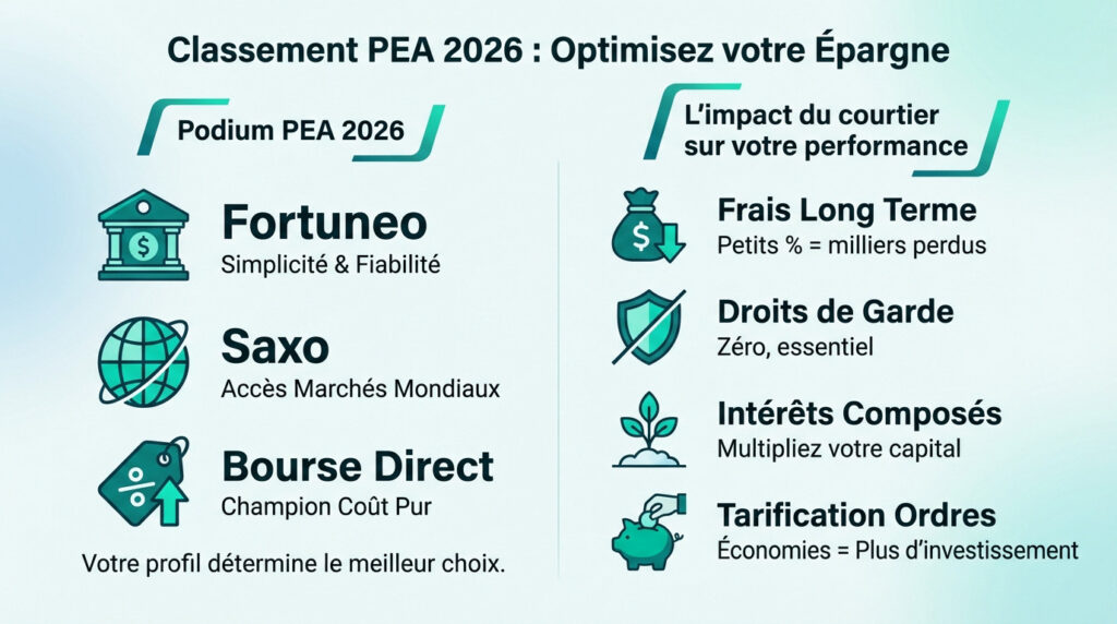 Infographie sur le classement des meilleurs PEA 2026, présentant les 3 meilleurs courtiers et l'impact sur la performance.