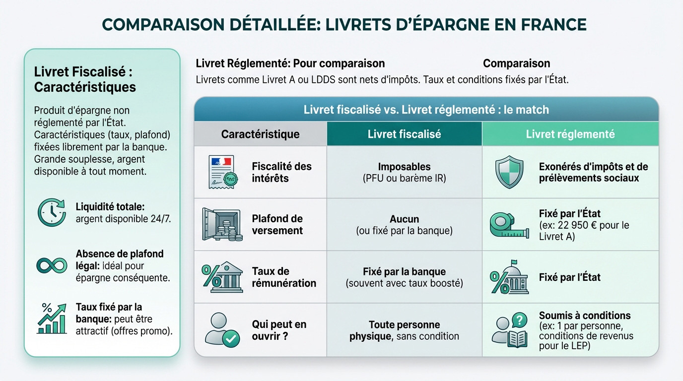 Infographie comparant les livrets d'épargne fiscalisés et réglementés en France, détaillant caractéristiques, fiscalité, plafonds et taux.