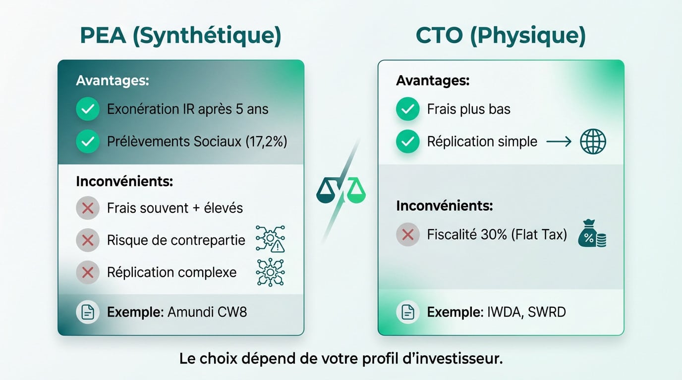 Infographie comparant PEA (synthétique) et CTO (physique) pour ETF. Elle détaille leurs avantages, inconvénients et exemples d'ETF.