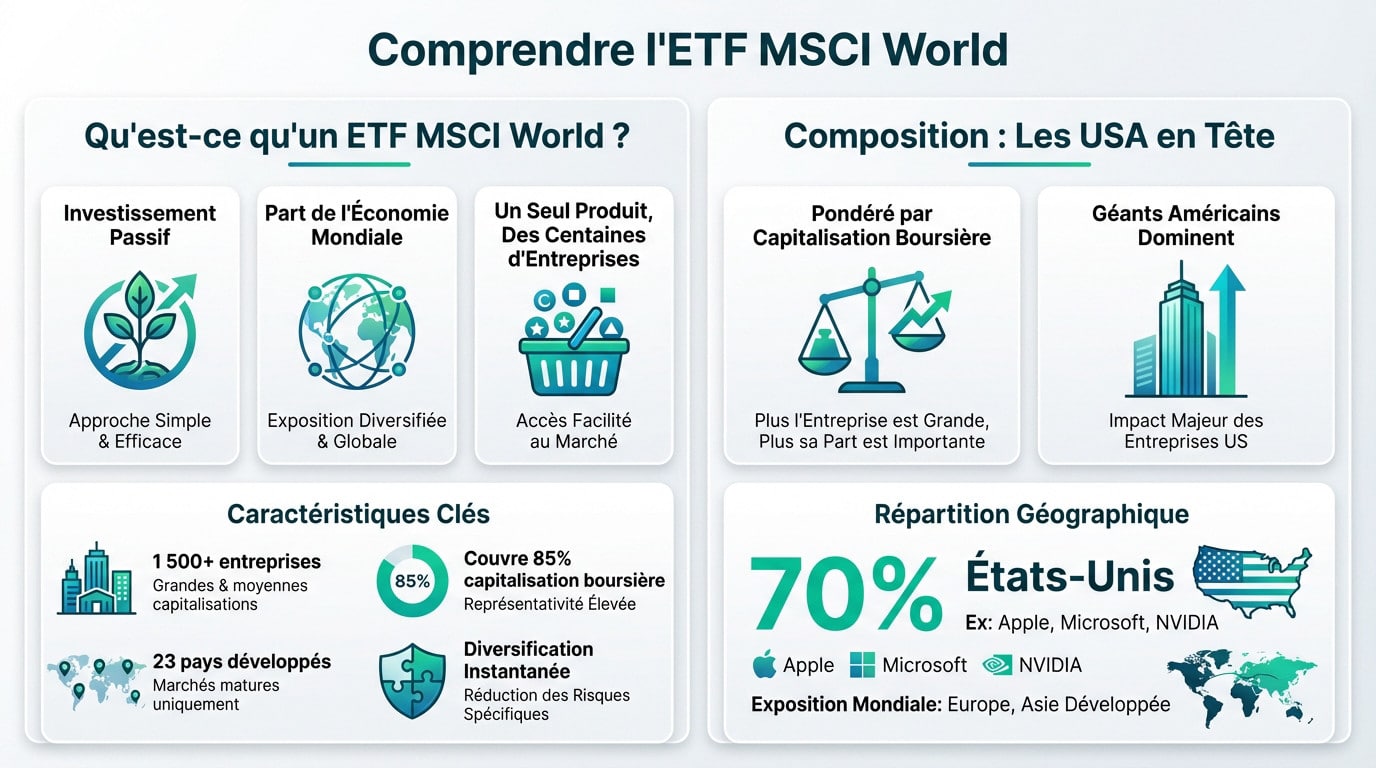 Infographie sur l'ETF MSCI World. Elle explique ce qu'est un ETF MSCI World et sa composition, soulignant la dominance des États-Unis.