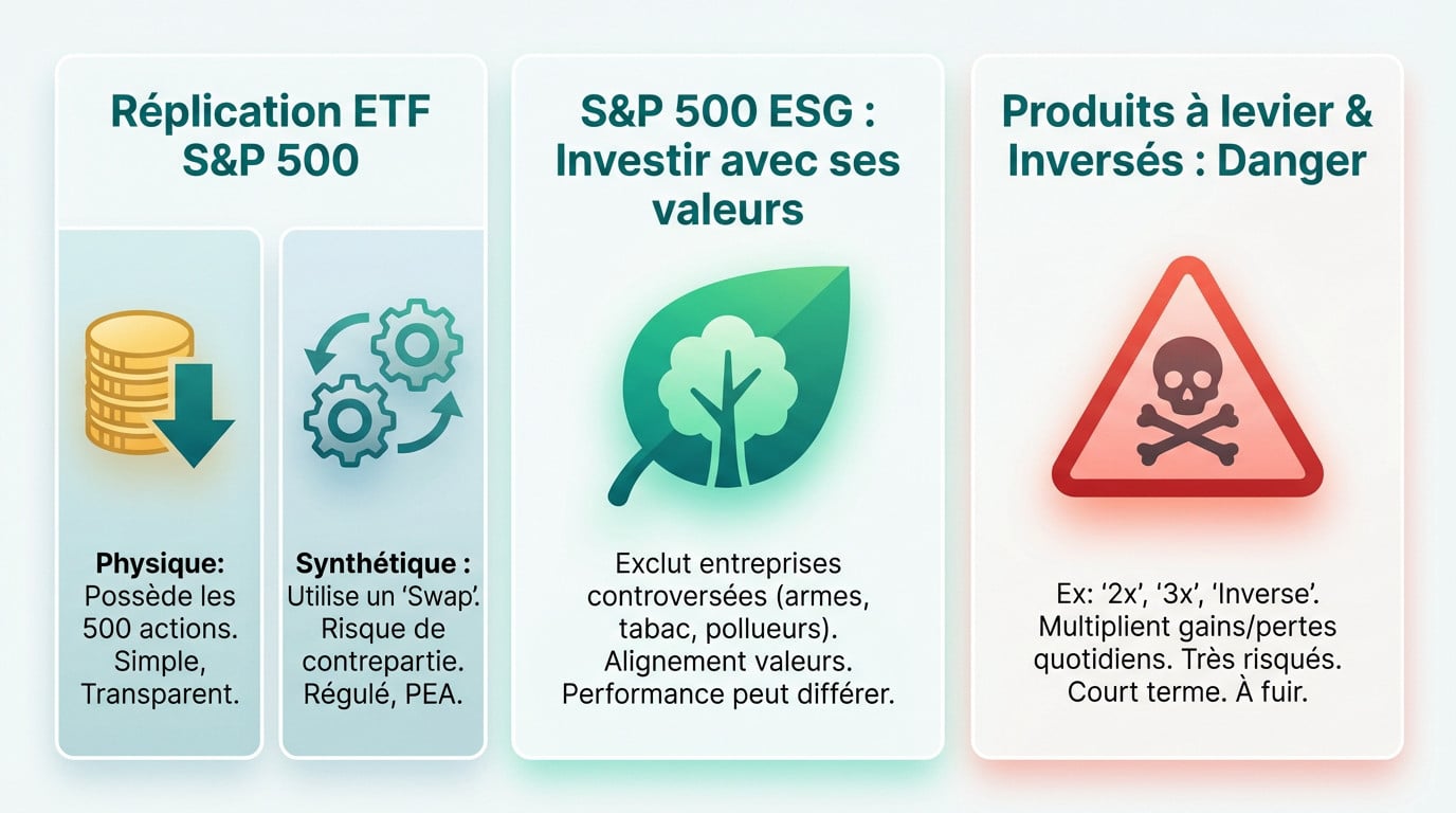 Infographie éducative sur la réplication ETF (physique, synthétique), l'investissement S&P 500 ESG et les produits financiers à levier/inversés.