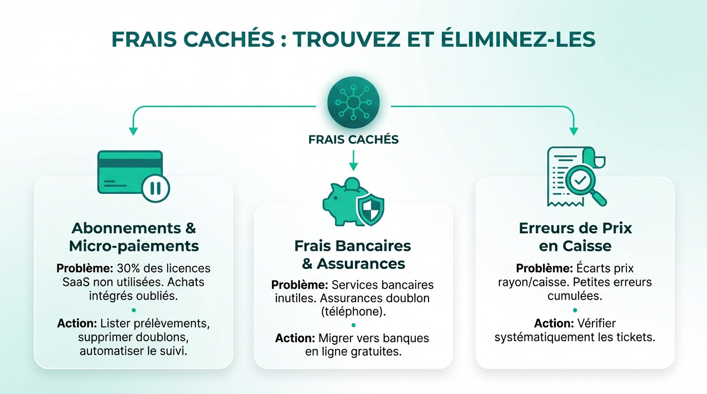 Infographie sur les frais cachés, montrant comment les trouver et les éliminer. Trois sections: abonnements, frais bancaires et erreurs de prix en caisse, avec problèmes et actions.