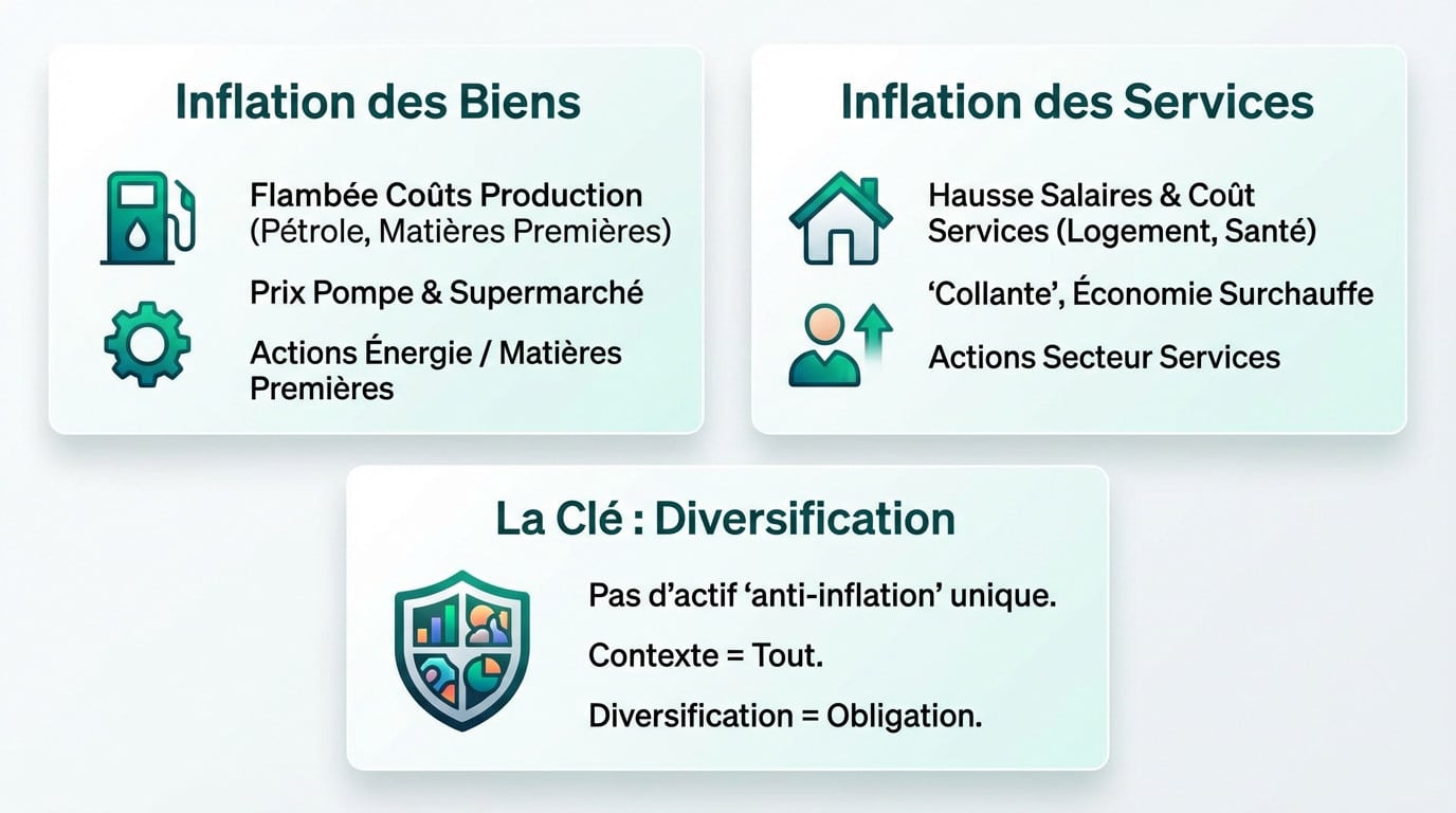 Infographie sur l'adaptation des stratégies d'investissement face à l'inflation des biens et des services, avec la diversification comme clé.