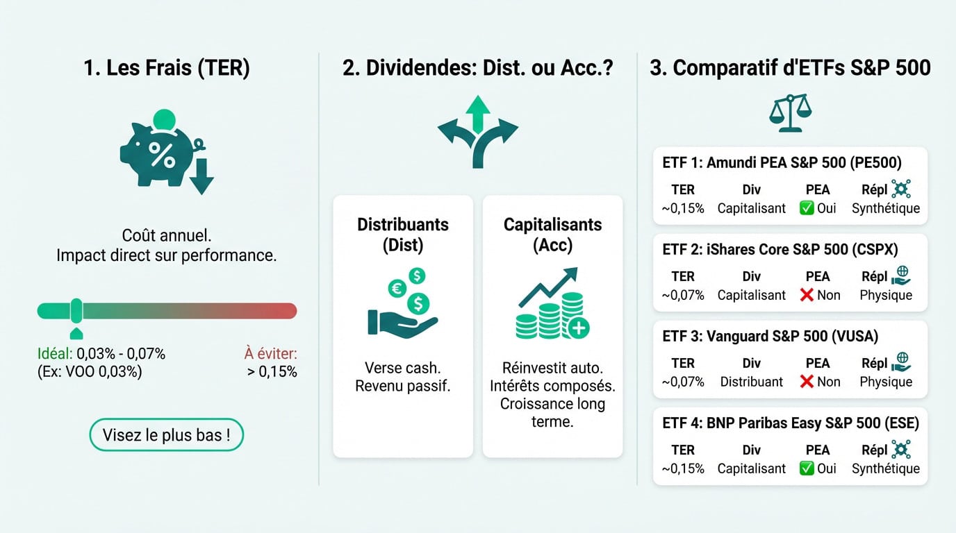 Infographie sur les critères de sélection d'un ETF S&P 500. Détaille les frais (TER), le type de dividendes (Dist. ou Acc.) et compare 4 ETFs.