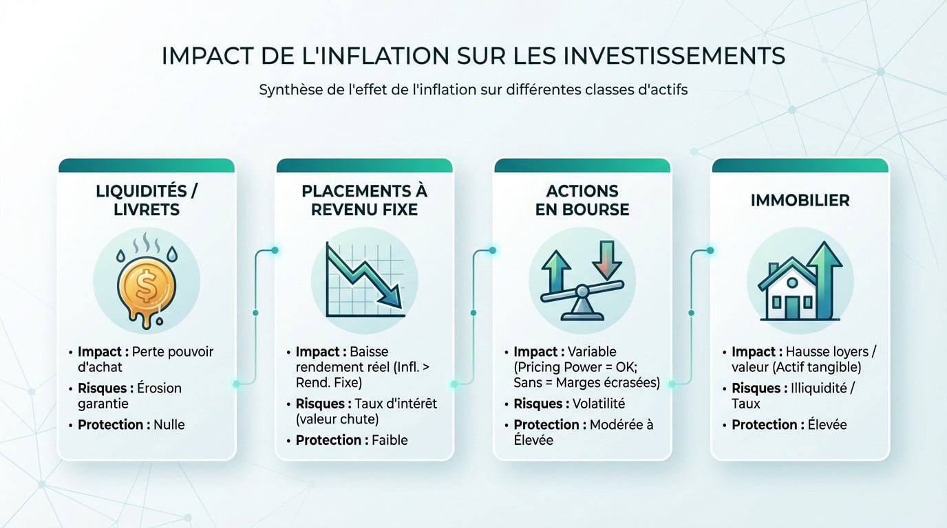 Infographie montrant l'impact de l'inflation sur quatre types d'investissements : liquidités, placements à revenu fixe, actions et immobilier, avec leurs risques et niveaux de protection.