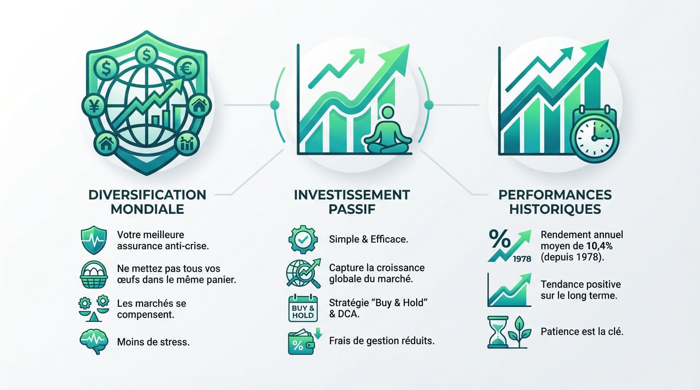 Infographie sur les avantages d'un investissement : diversification mondiale, passif et performances historiques avec icônes.