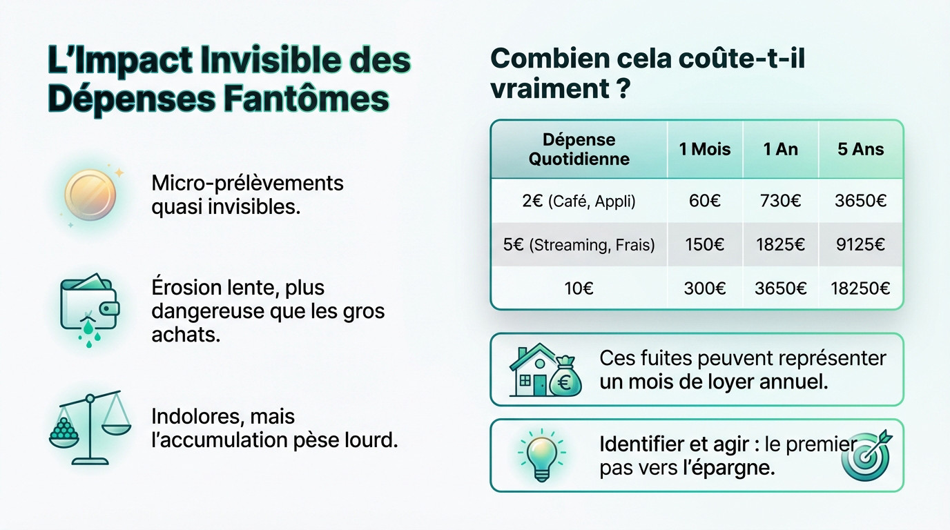 Infographie sur les dépenses fantômes. Elle illustre l'impact cumulé des petites dépenses quotidiennes avec des icônes et un tableau des coûts sur 1 mois, 1 an et 5 ans.