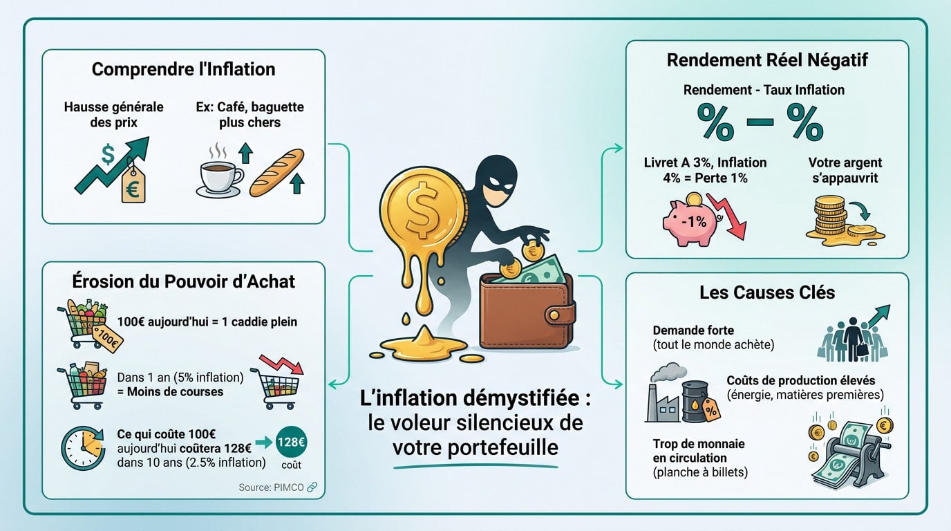 Infographie expliquant l'inflation : définition, conséquences (rendement négatif, érosion du pouvoir d'achat) et causes clés, avec icônes et un voleur d'argent.