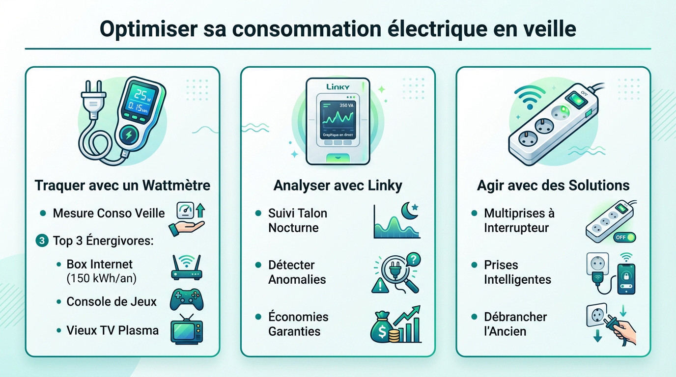 Infographie: Optimiser la consommation électrique en veille. Suivi avec wattmètre et Linky, plus solutions pour réduire les énergivores.