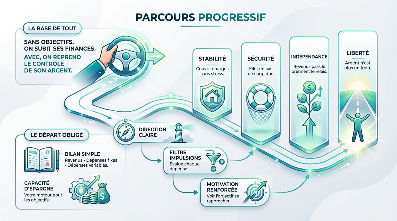 Infographie: Parcours progressif pour atteindre l'indépendance financière. Montre les étapes clés, de la base à la liberté financière.