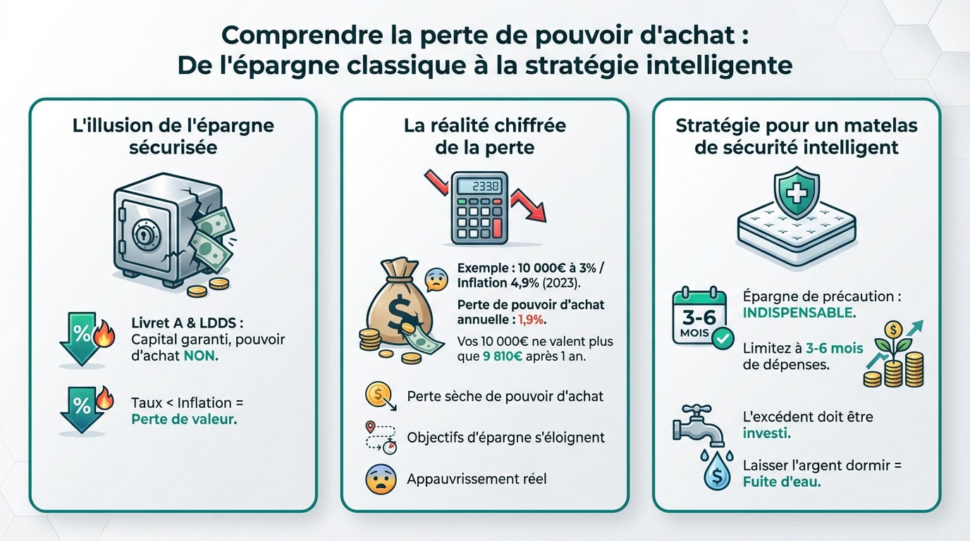 Infographie sur la perte de pouvoir d'achat. Explique l'illusion de l'épargne sécurisée, quantifie la perte et propose une stratégie intelligente.