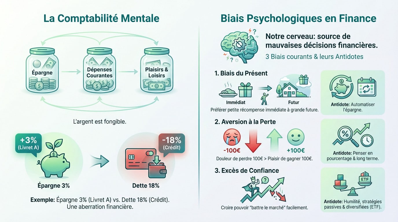 Infographie sur les biais financiers. Elle explique la comptabilité mentale et 3 biais psychologiques (présent, perte, confiance) avec leurs antidotes.