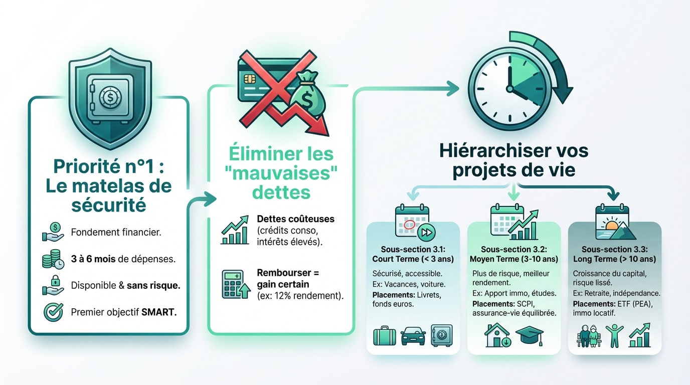 Infographie des étapes de priorisation financière. Inclut matelas de sécurité, élimination des dettes et hiérarchisation des projets de vie (court, moyen, long terme).