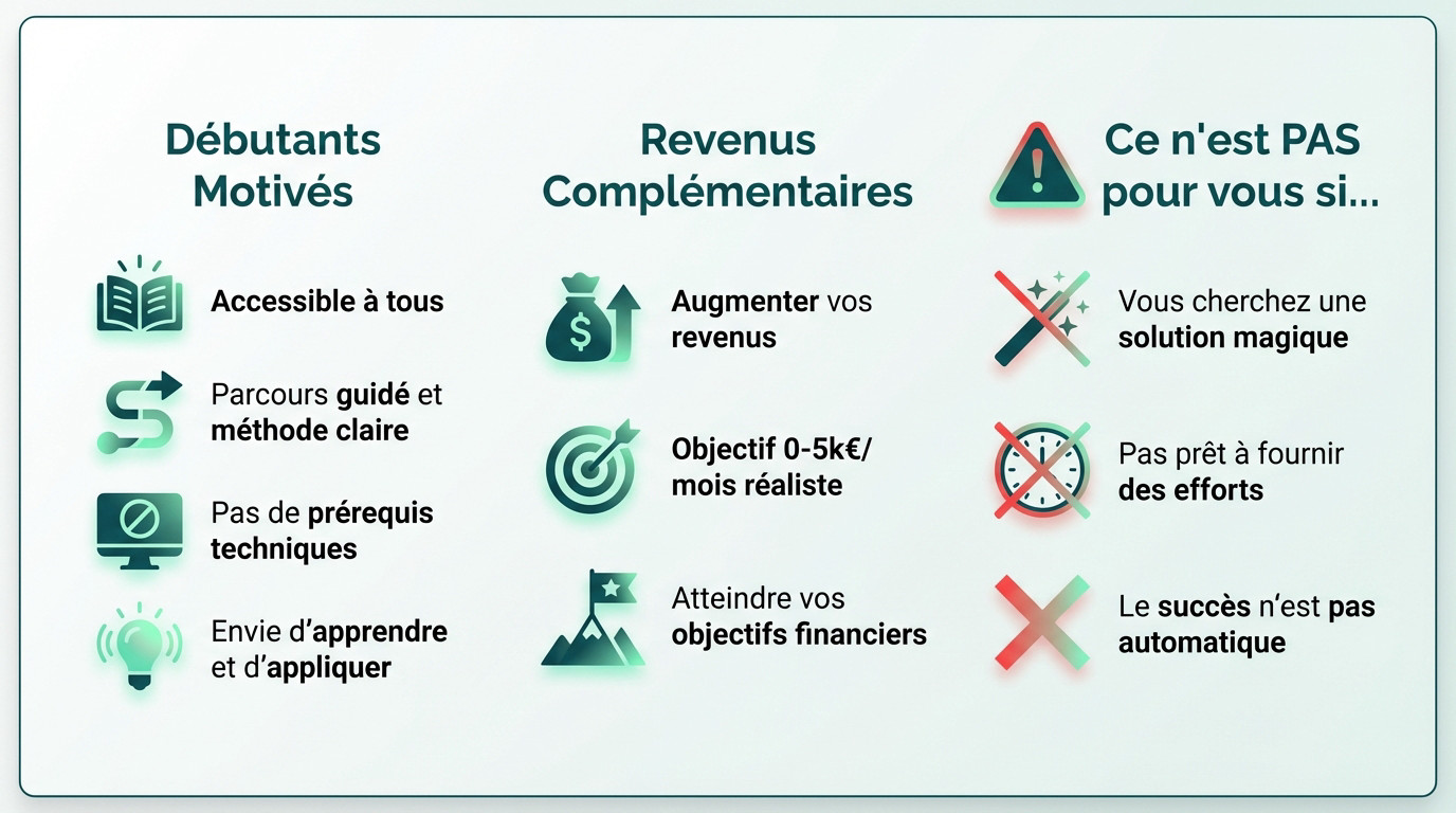 Infographie en français décrivant le public cible (débutants motivés, revenus complémentaires) et les exclusions (cherche solution magique, pas d'efforts) d'un programme. Design moderne, couleurs teal et menthe.