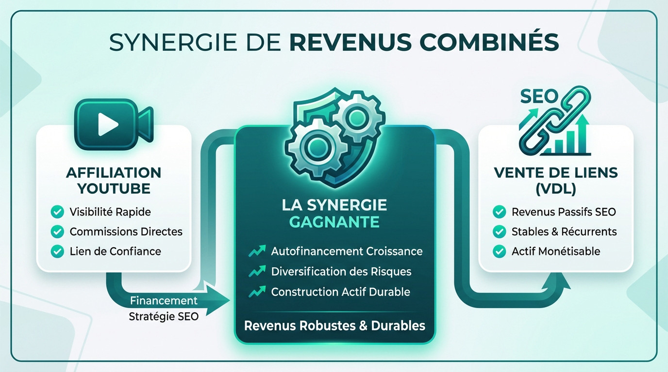 Infographie illustrant la synergie entre l'affiliation YouTube et la vente de liens (VDL) pour des revenus robustes et durables, avec financement SEO.