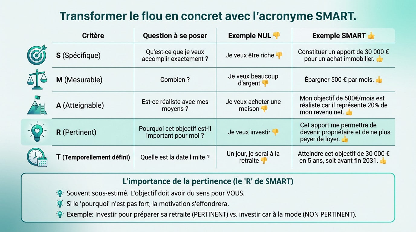 Infographie expliquant la méthode SMART pour des objectifs financiers, avec exemples concrets et l'importance de la pertinence.