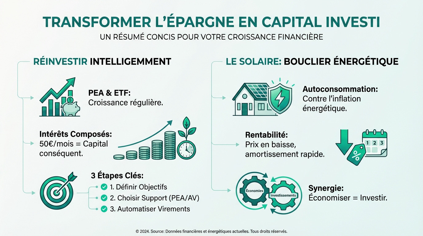 Infographie : Transformer l'épargne en capital investi. Guide sur le réinvestissement intelligent et l'énergie solaire pour la croissance financière.