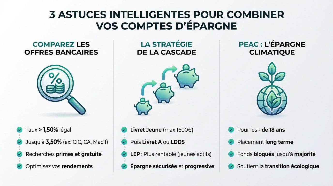 Infographie sur 3 astuces pour combiner les comptes d'épargne : comparer les offres, stratégie cascade, et PEAC pour l'épargne climatique.