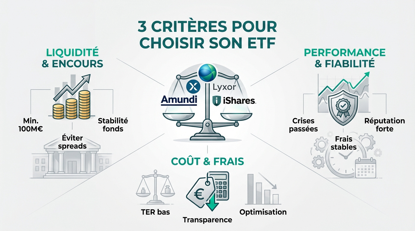 Infographie détaillant 3 critères pour choisir un ETF : liquidité, performance et coût, avec icônes et logos Amundi, Lyxor, iShares.