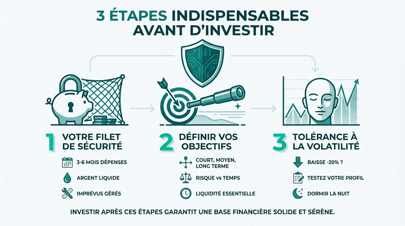 Infographie détaillée des 3 étapes clés pour débutants avant d'investir: sécurité, objectifs et gestion de la volatilité.