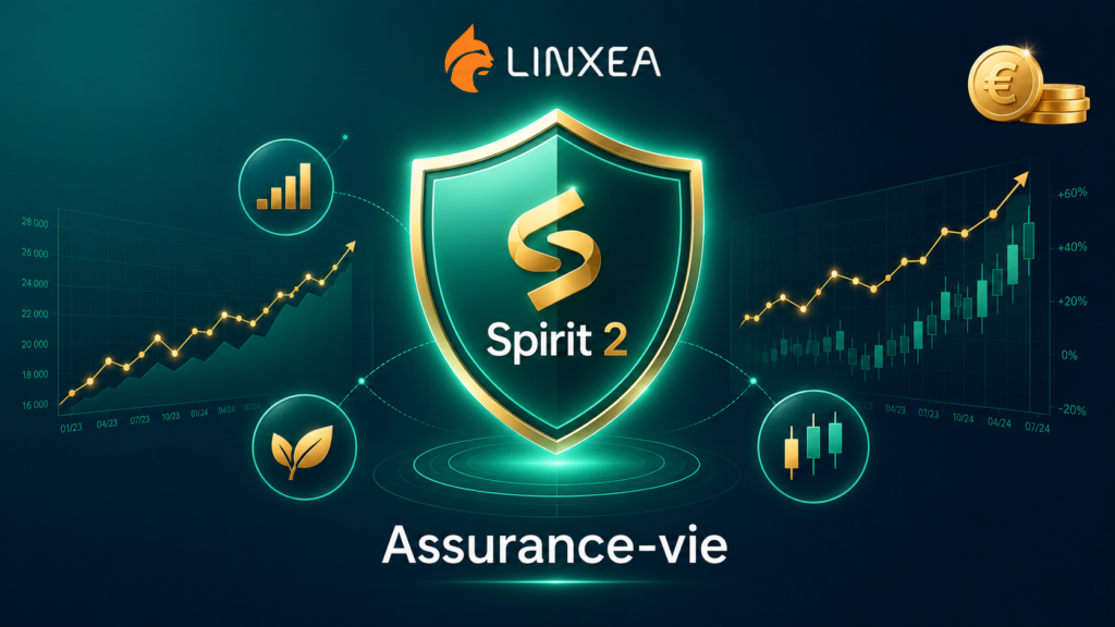 Illustration assurance-vie Linxea Spirit 2 — badge vert teal avec graphiques ETF et performance, design fintech premium