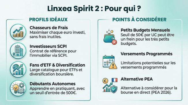 Infographie Linxea Spirit 2 : profils idéaux (chasseurs de frais, SCPI, ETF, débutants) et points à considérer (budgets, versements, PEA).