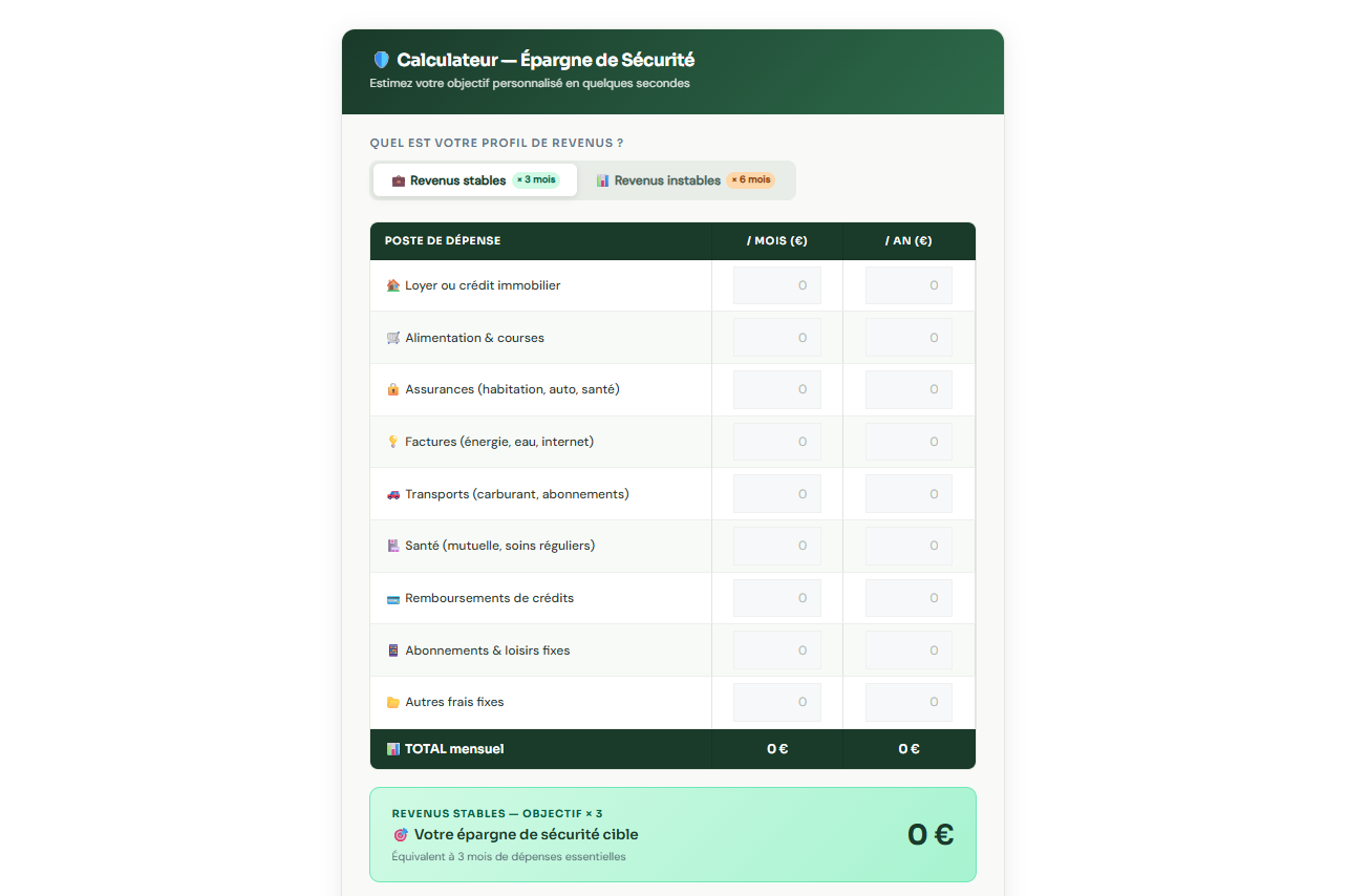 Illustration du calculateur d'épargne de sécurité - Commencer sur InvestiMieux
