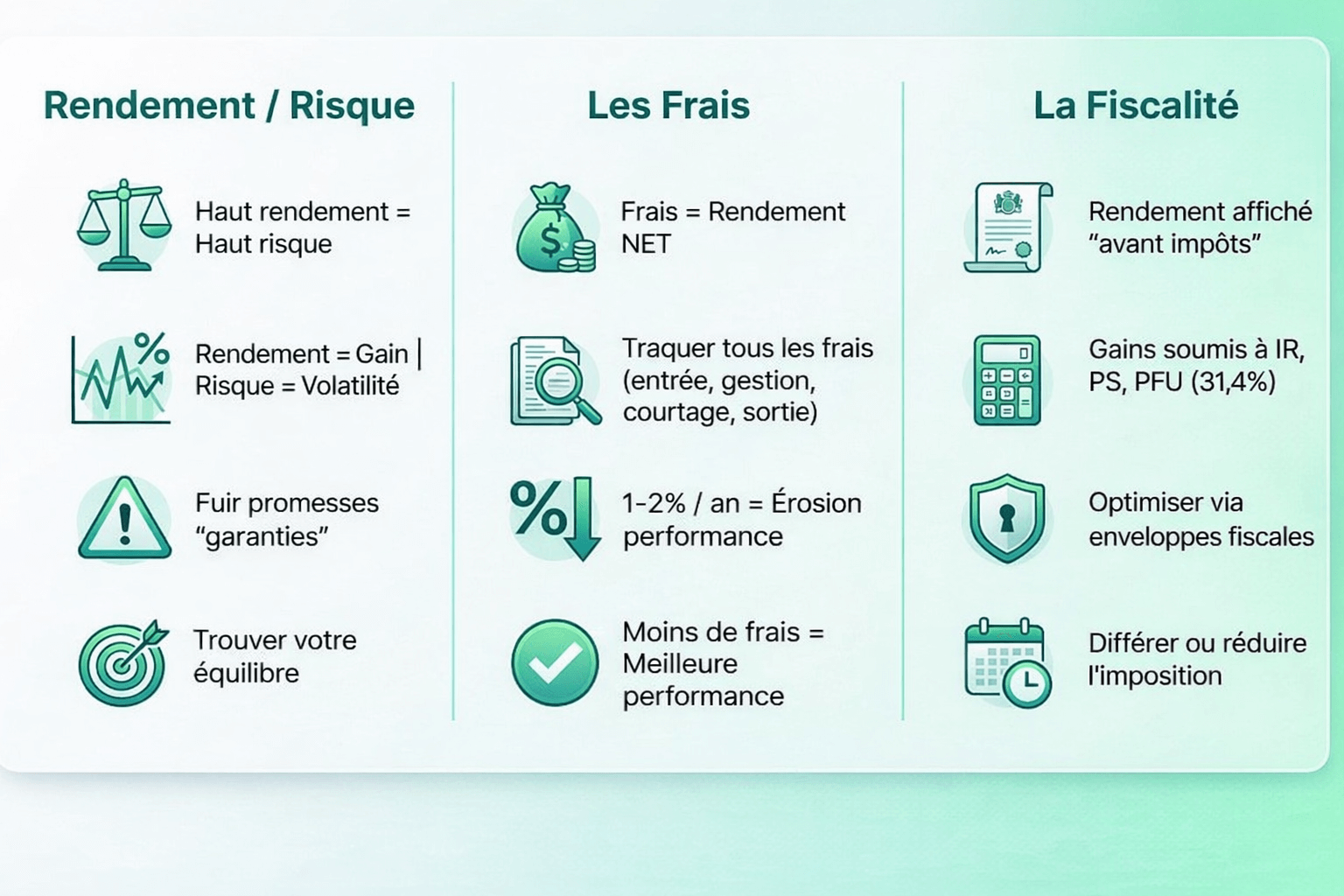 Infographie sur l'investissement financier, présentant les rendements, les risques, les frais et la fiscalité en 2026.