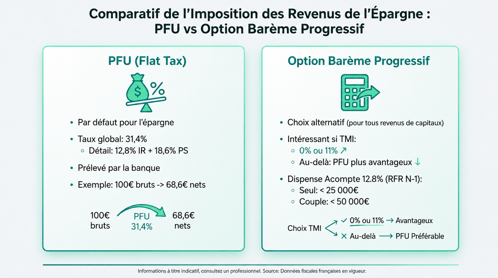 Infographie comparative PFU (Flat Tax) et Option Barème Progressif pour l'imposition de l'épargne. Détaille conditions, taux et exemples.