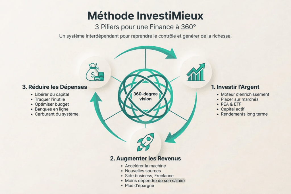 Infographie: La Méthode InvestiMieux avec ses 3 piliers (Investir, Augmenter Revenus, Réduire Dépenses) pour une finance à 360°.