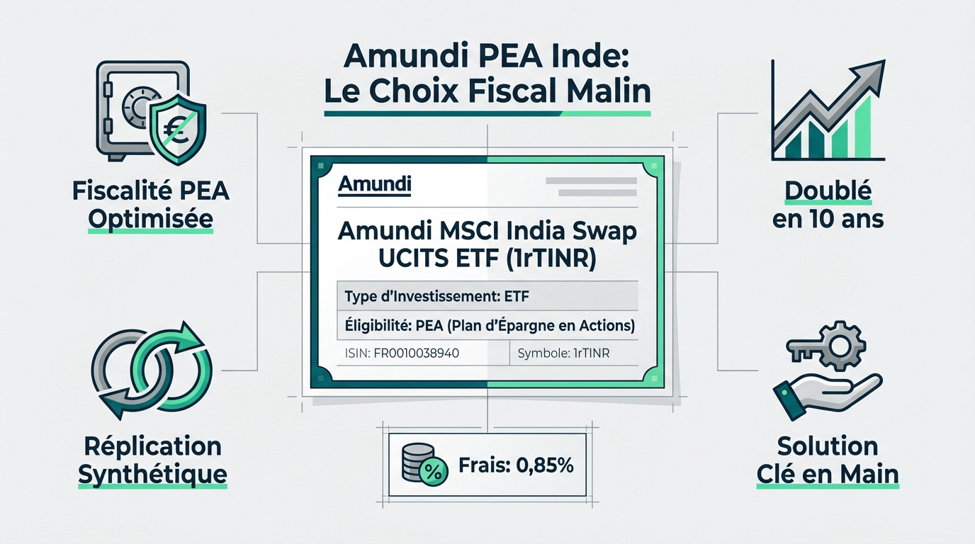 Infographie détaillant l'ETF Amundi MSCI India Swap pour PEA, mettant en avant fiscalité optimisée, performance, frais et caractéristiques.