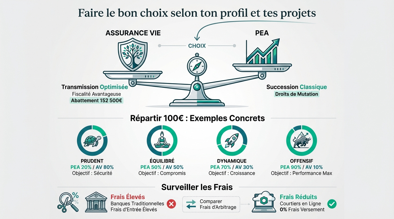Infographie comparant PEA et Assurance Vie avec une balance, profils d'investissement, et avantages/inconvénients des frais bancaires.