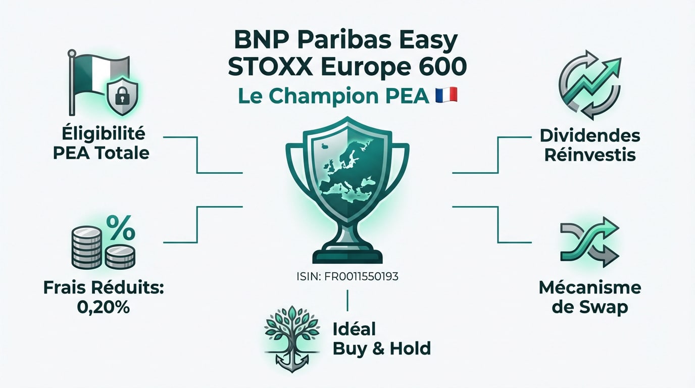 Infographie des avantages de l'ETF BNP Paribas Easy STOXX Europe 600 pour PEA : frais réduits, dividendes réinvestis, éligibilité.