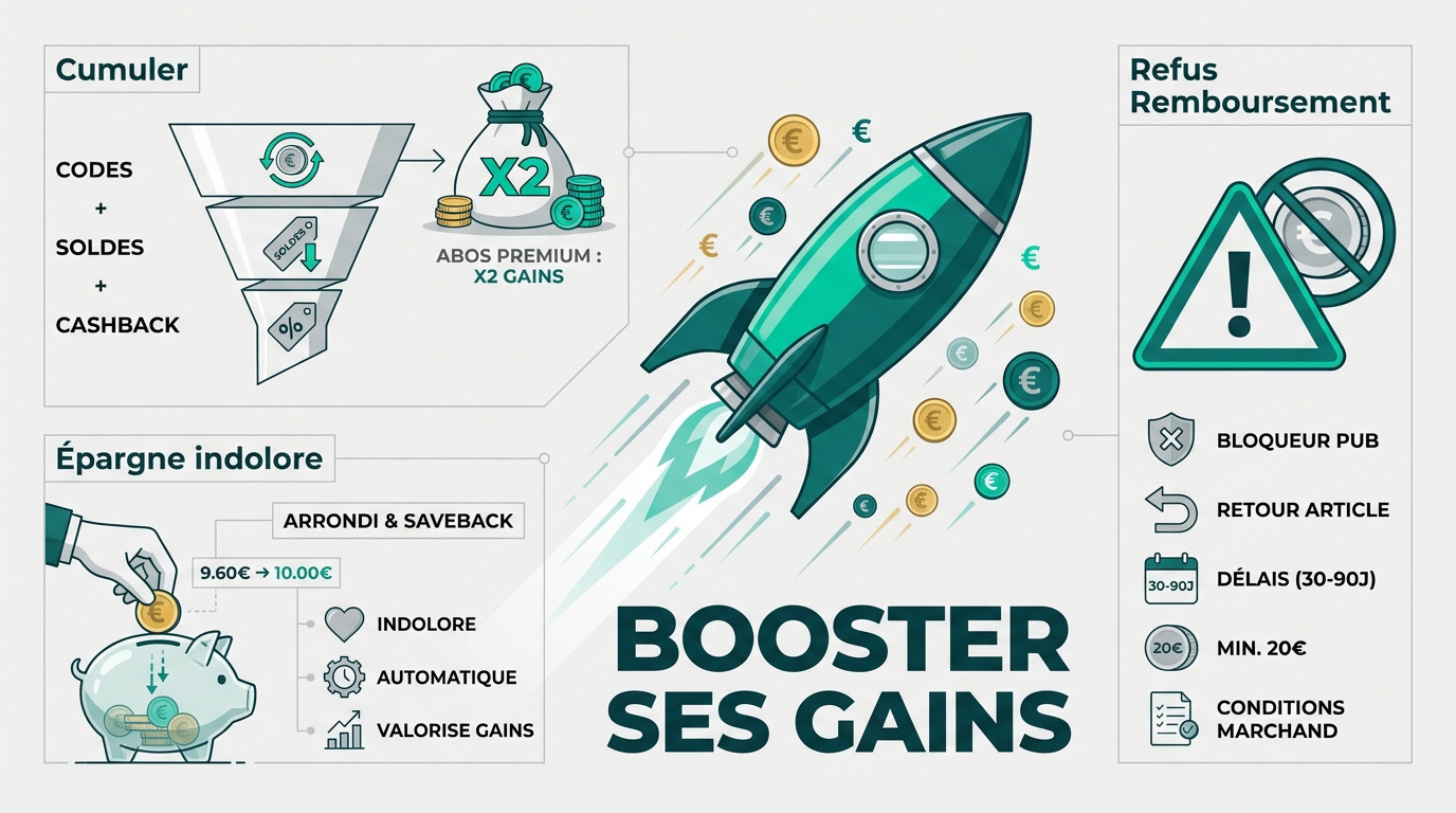 Infographie détaillée sur le cashback : cumuler les offres, l'épargne automatique par arrondi, les raisons de refus et comment booster ses gains.