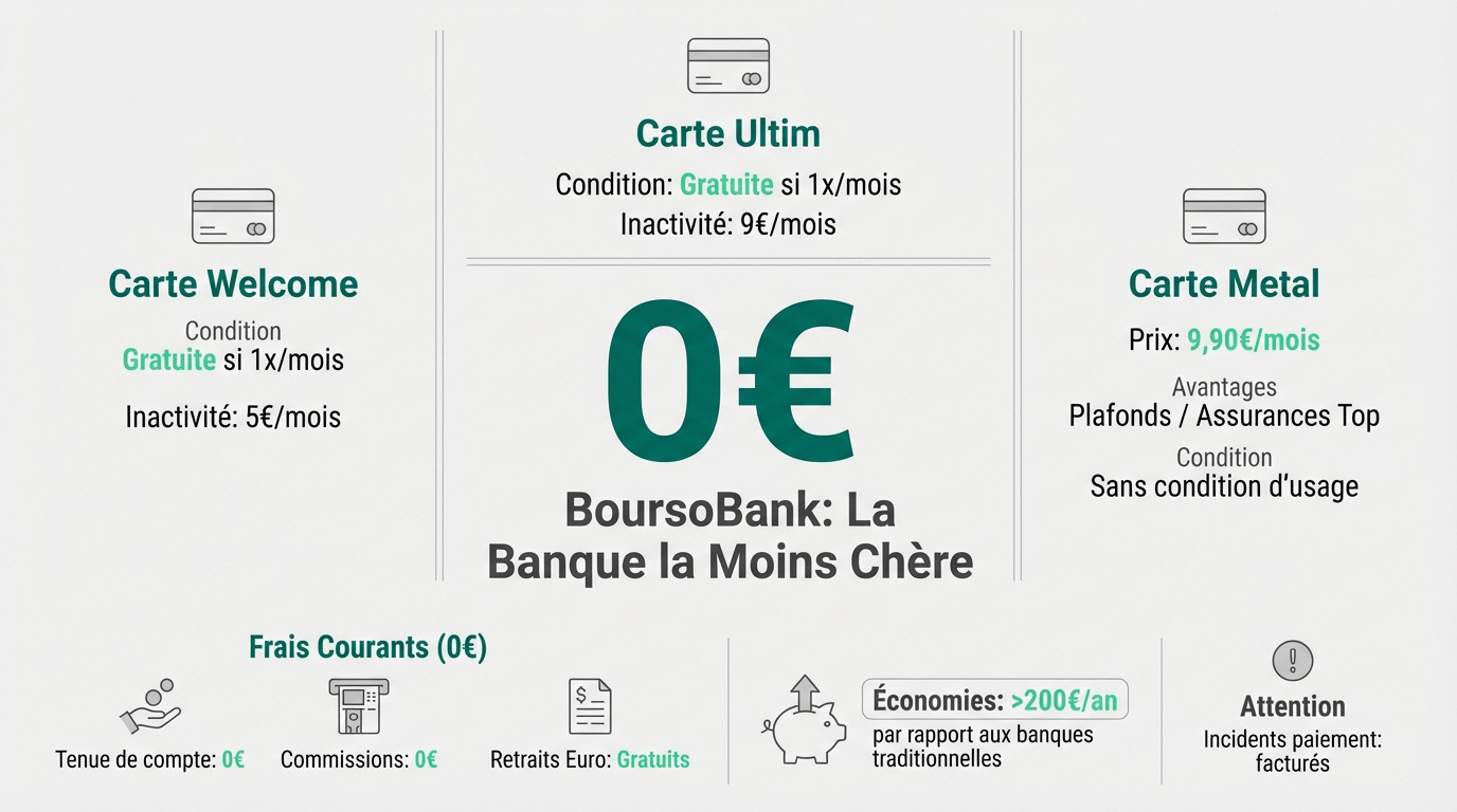 Infographie présentant les cartes bancaires (Welcome, Ultim, Metal) et les frais de BoursoBank, la banque la moins chère.