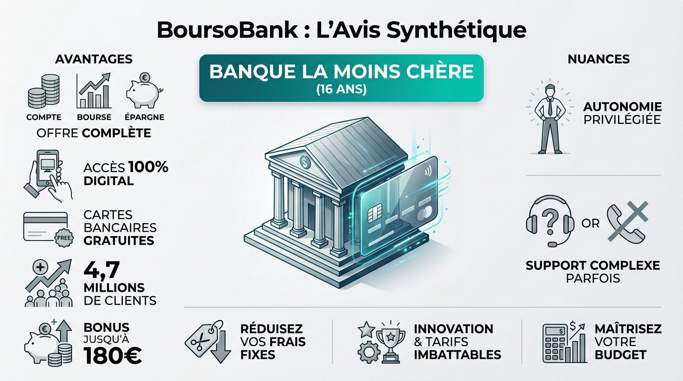 Infographie des avis BoursoramaBank, détaillant ses avantages (offre complète, digital, cartes gratuites) et ses nuances.