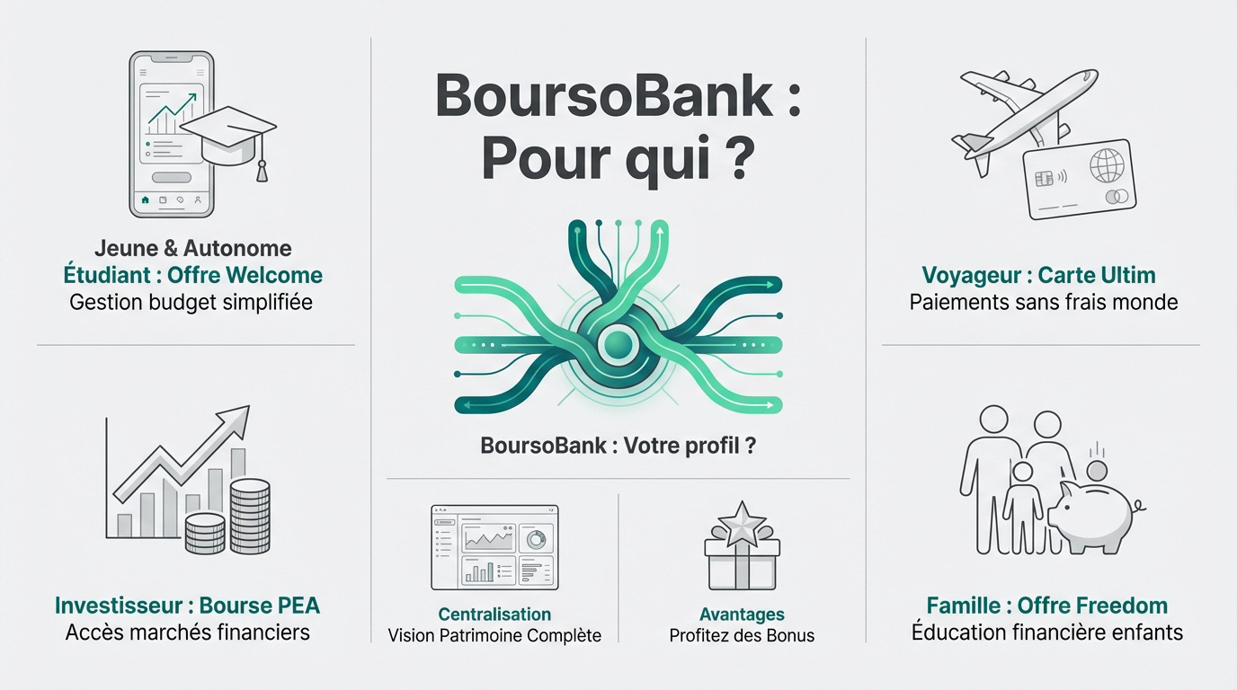 Infographie présentant les profils clients de BoursoBank (étudiant, voyageur, investisseur, famille) et leurs offres associées.