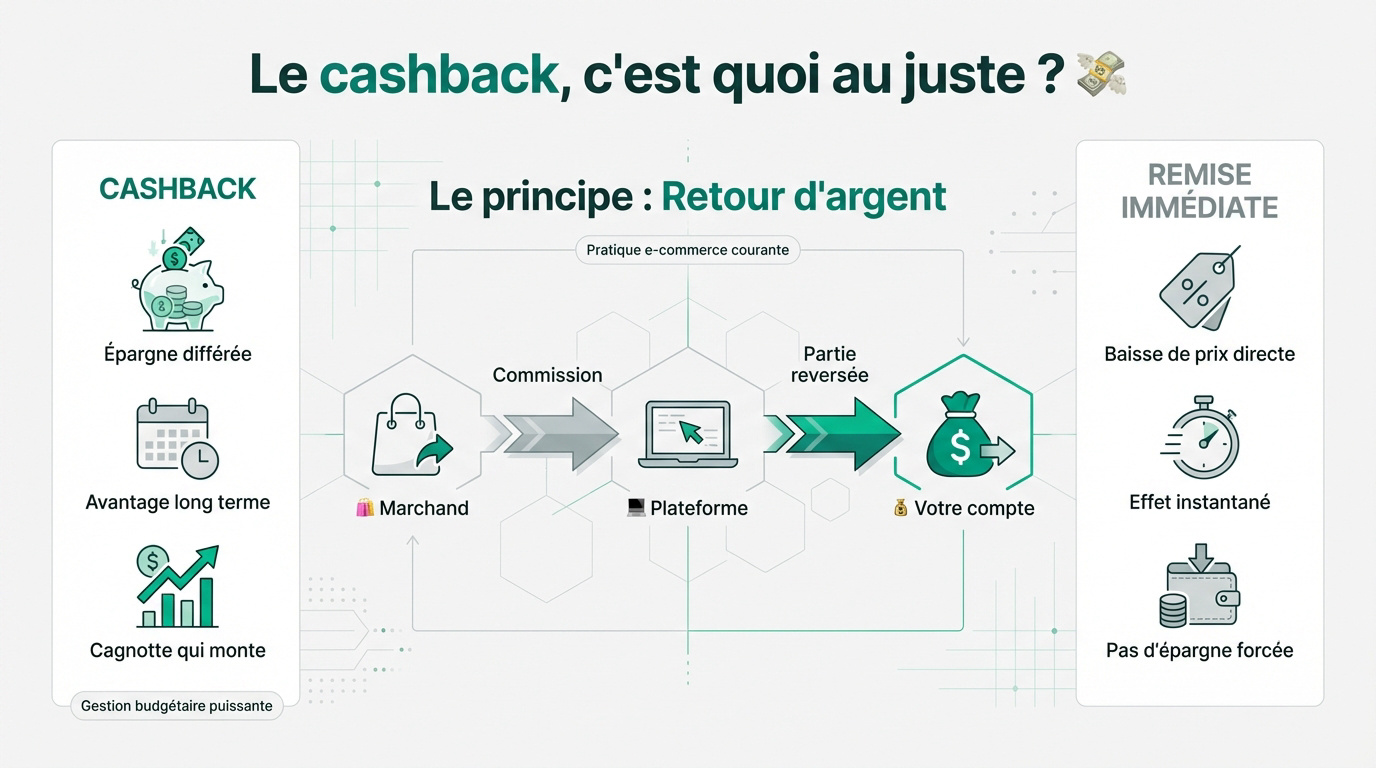 Infographie illustrant le fonctionnement du cashback (marchand, plateforme, retour d'argent) et comparant ses avantages (épargne différée, cagnotte) à la remise immédiate.