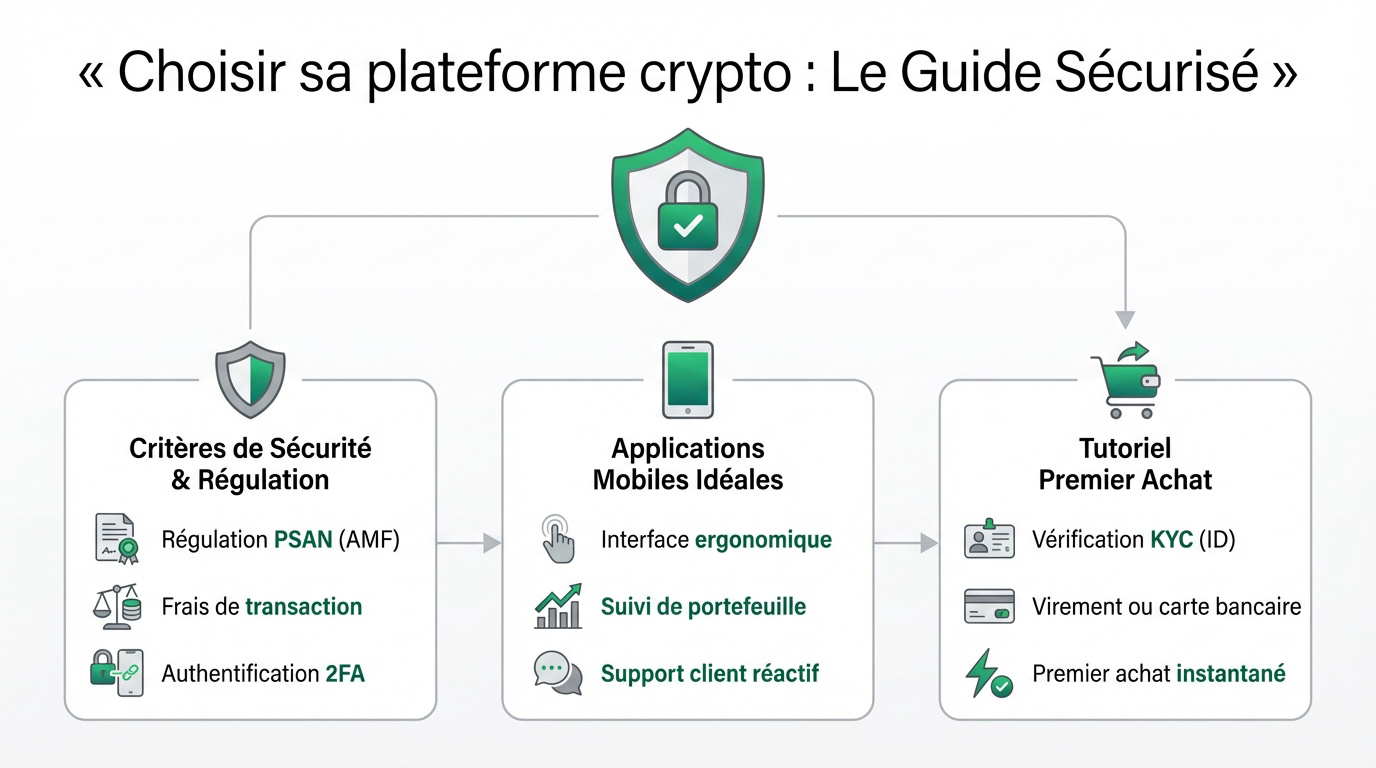 Infographie sur le choix sécurisé d'une plateforme crypto. Elle détaille les critères de sécurité, les apps idéales et le processus d'achat.