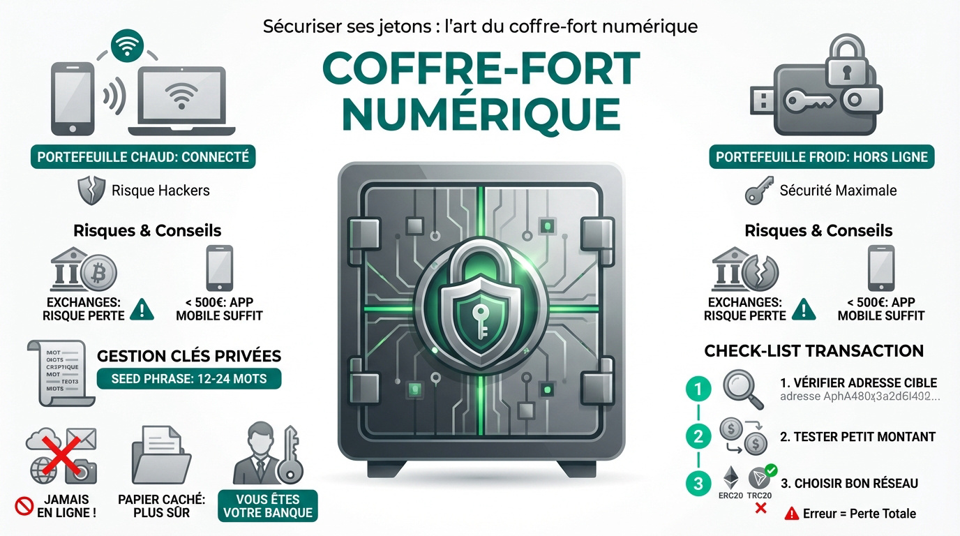 Infographie comparant la sécurité des portefeuilles crypto chauds (connectés) et froids (hors ligne), avec conseils et checklist de transaction.