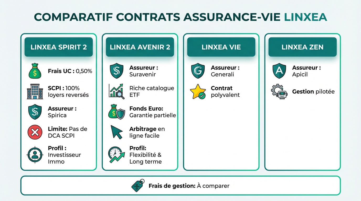 Infographie comparant les contrats d'assurance-vie Linxea Spirit 2, Avenir 2, Vie et Zen, détaillant frais, assureurs, profils et caractéristiques clés.