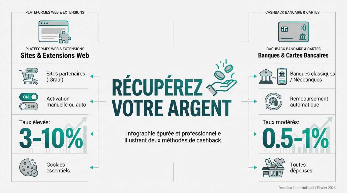 Infographie illustrant deux méthodes de cashback : via plateformes web/extensions (taux 3-10%) et via banques/cartes (taux 0.5-1%).