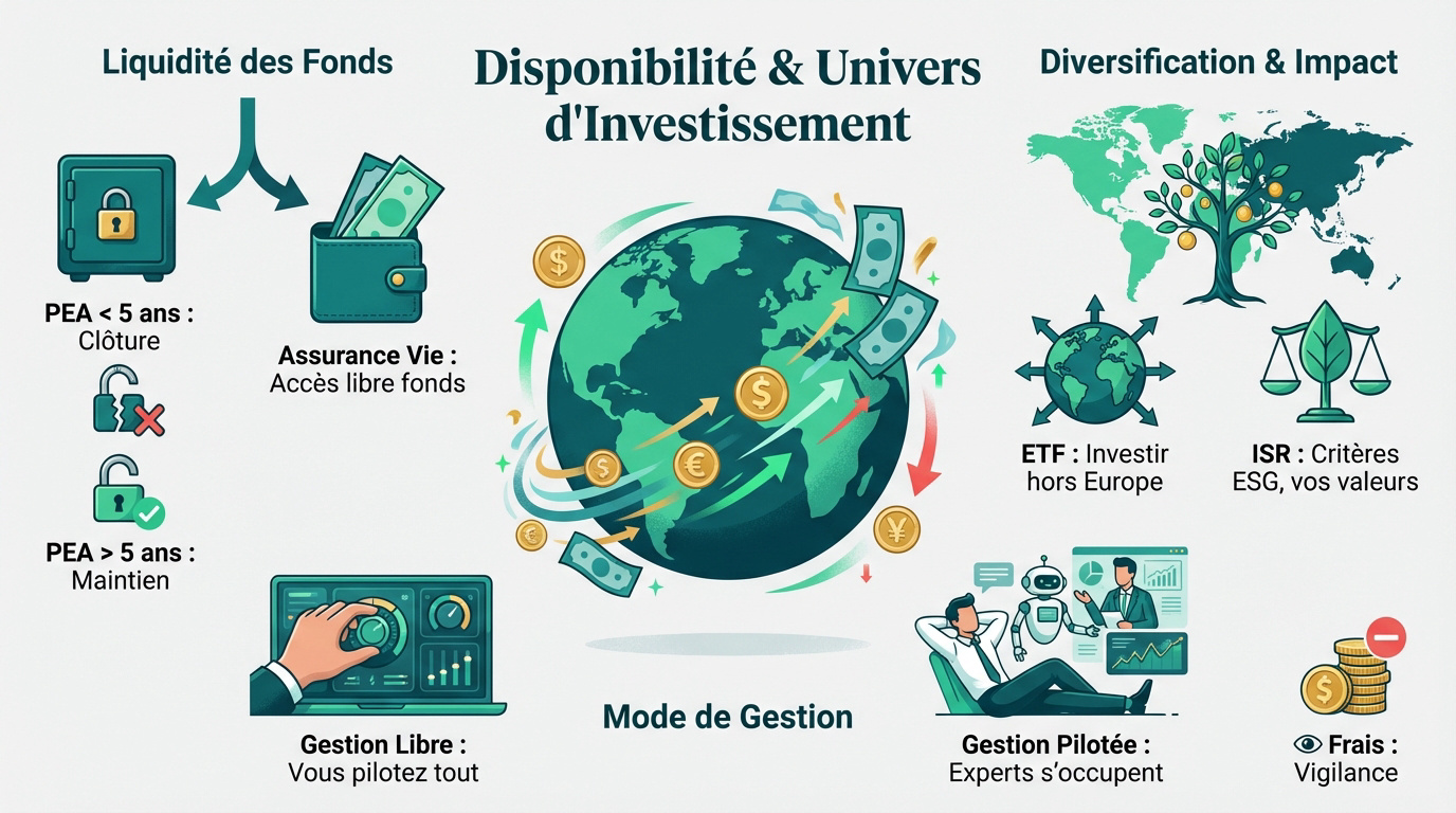 Infographie comparant PEA et Assurance Vie, abordant liquidité, disponibilité, diversification, modes de gestion et frais.