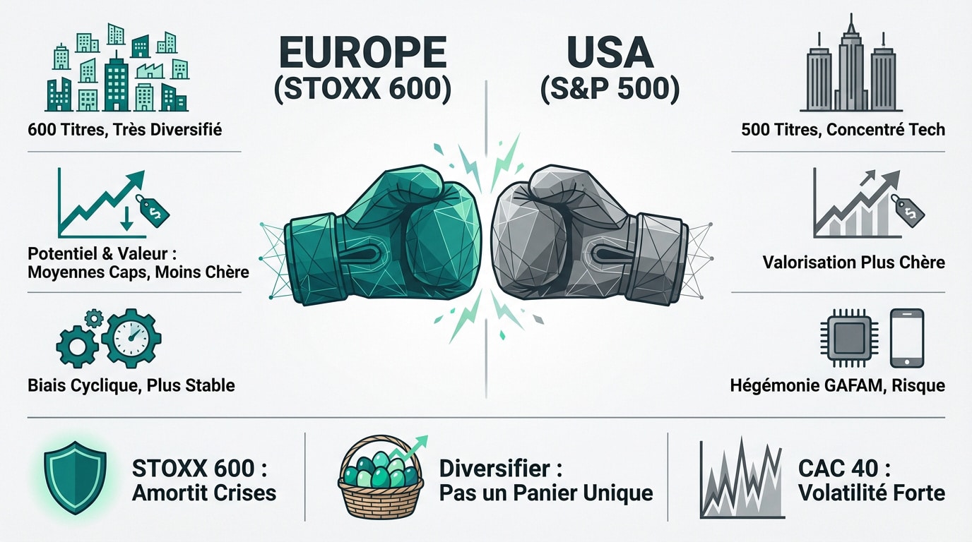 Infographie comparant les caractéristiques des indices boursiers STOXX 600 (Europe) et S&P 500 (USA).
