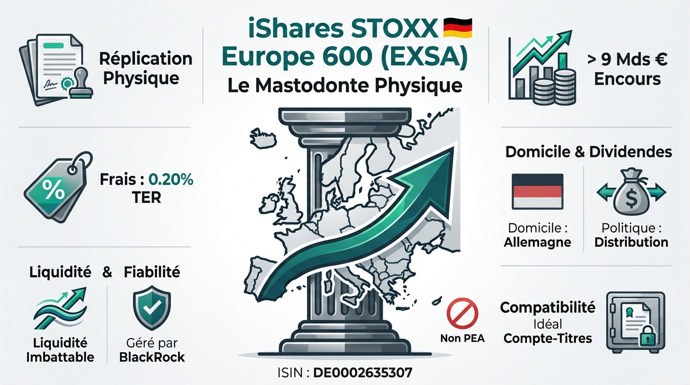 Infographie détaillée sur l'ETF iShares STOXX Europe 600 (EXSA), affichant ses frais, encours, domicile et compatibilité.