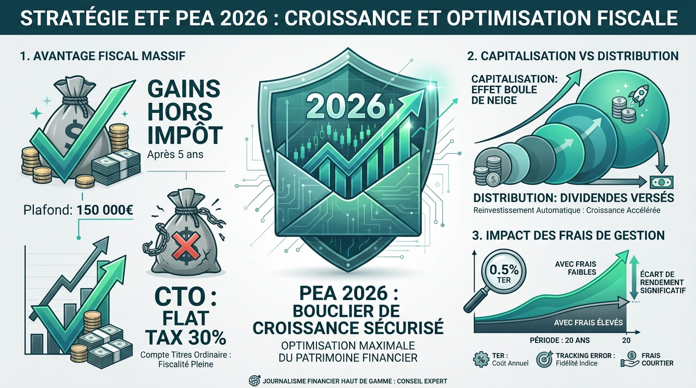 Infographie sur la stratégie PEA ETF 2026 : avantages fiscaux, capitalisation vs distribution, et impact des frais de gestion.