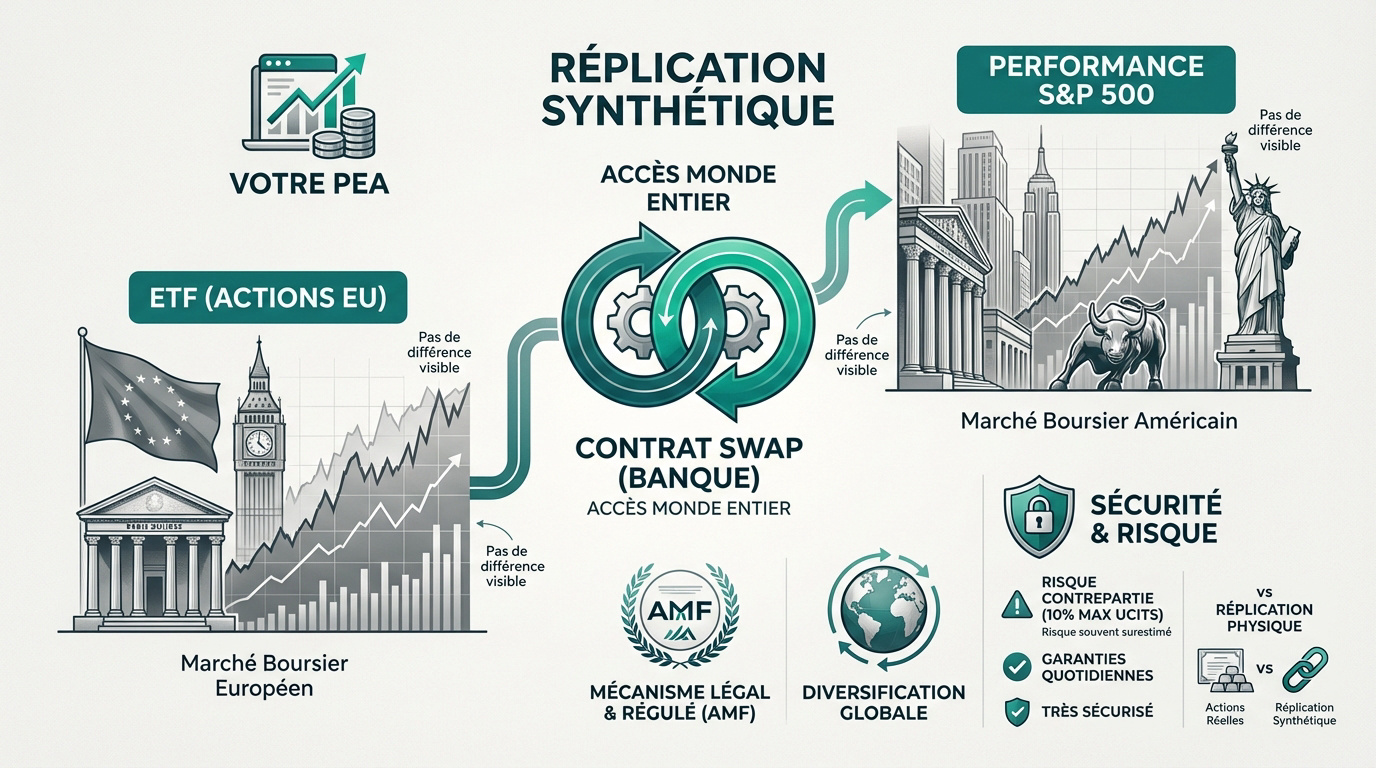 Infographie expliquant la réplication synthétique des ETF via un contrat swap pour un PEA, offrant un accès mondial aux marchés boursiers.